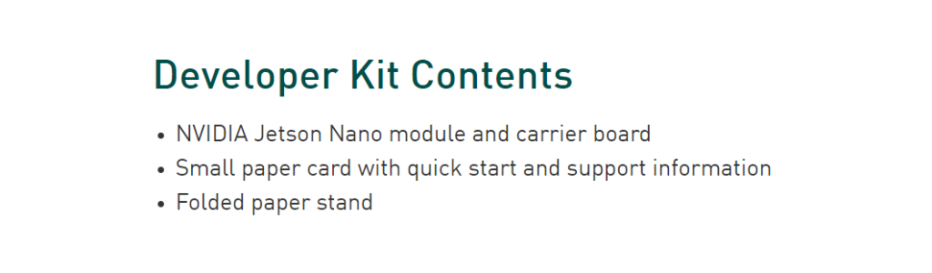 packing list of Nvidia's official Jetson Nano Dev Kit